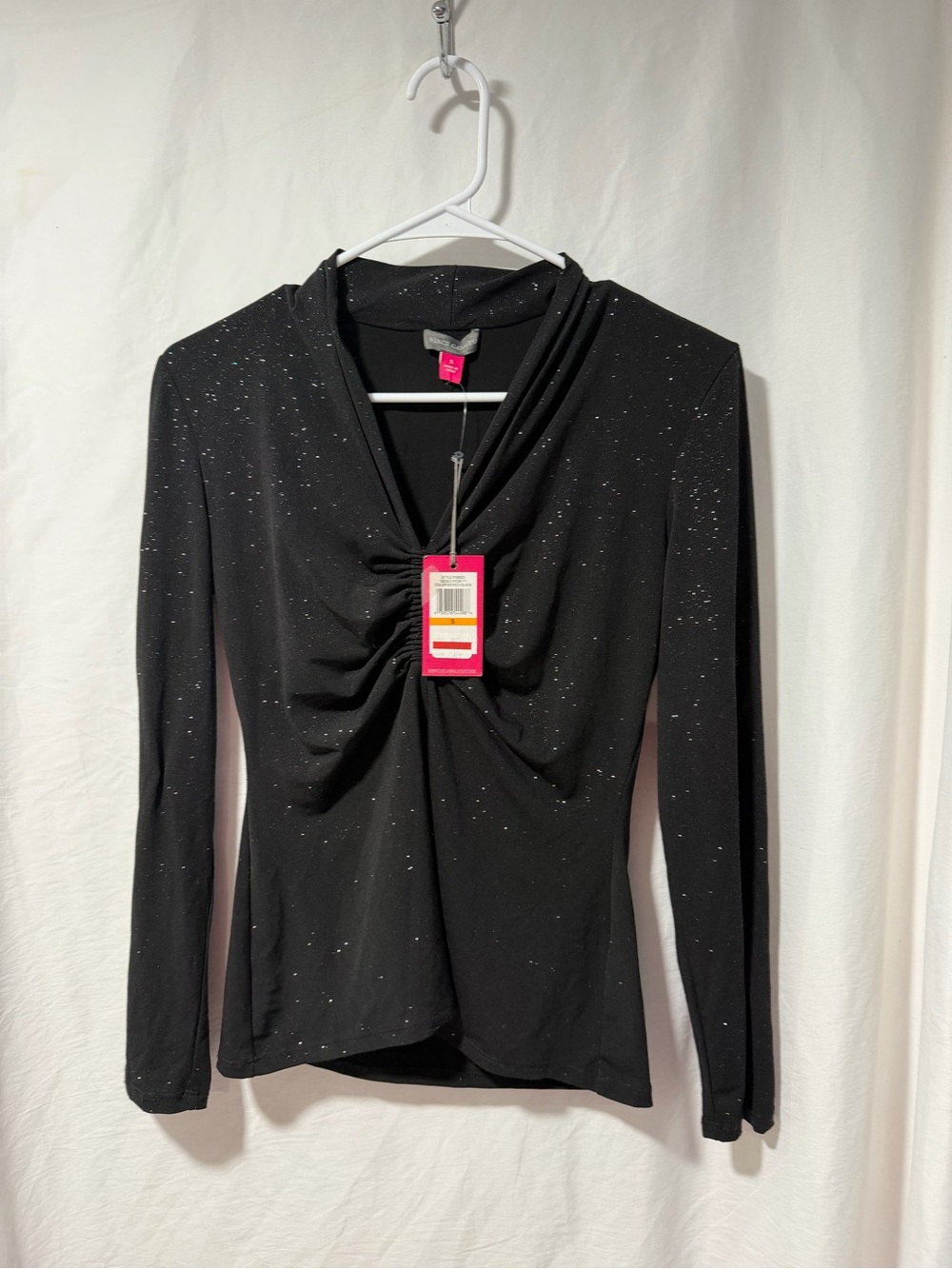 Vince Camuto Black Long-Sleeve Twist-Front Top with Sparkle